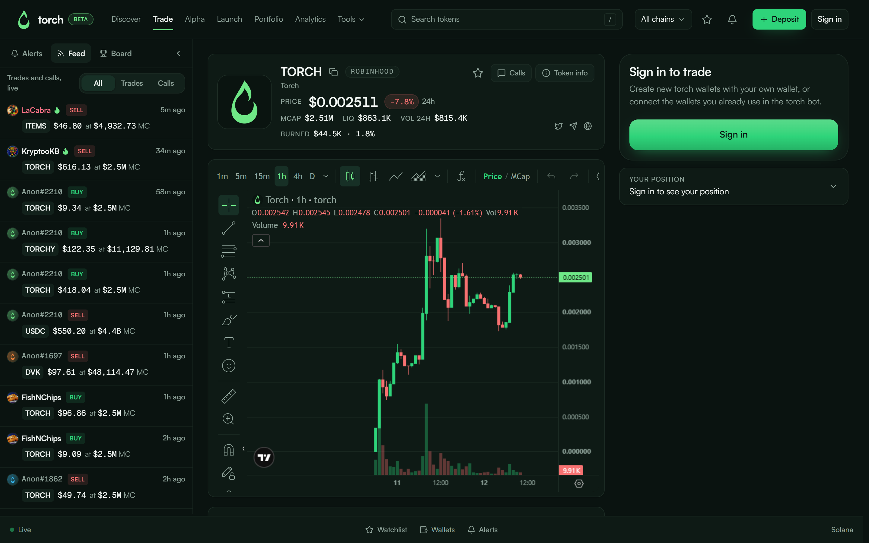 The Torch Terminal trade screen for $TORCH: token header with price, market cap, liquidity and volume, the chart with Price / MCap toggle, the live Trades and calls feed on the left, and the Buy / Sell ticket on the right